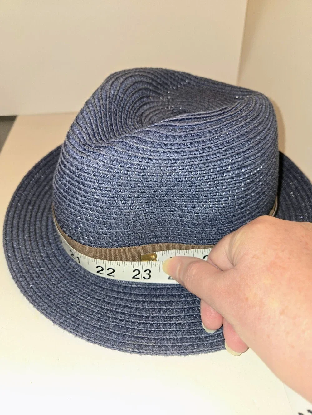 Navy Woven Fedora with Brown Band